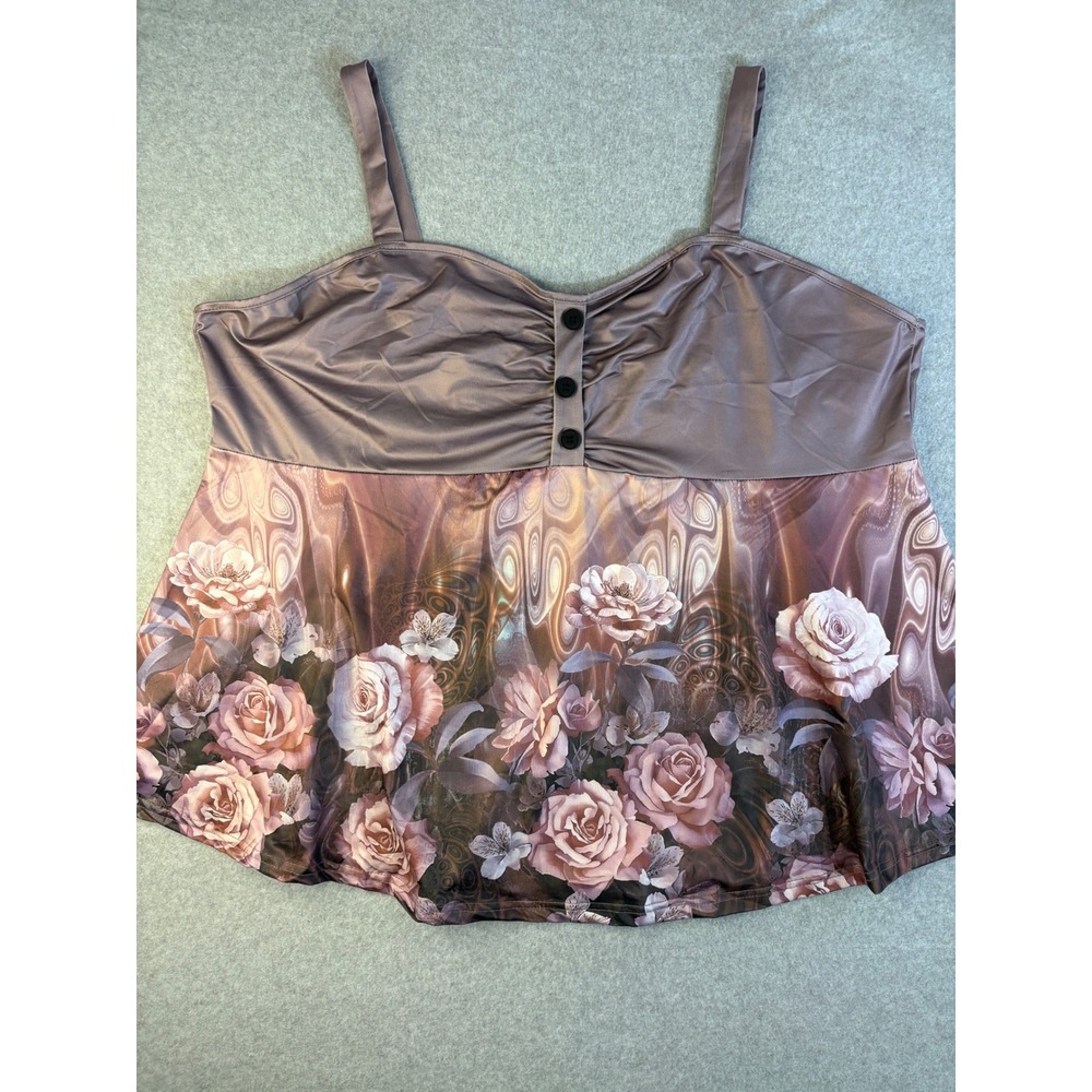 Womens Floral Rose Print Camisole Top Mauve Ruched Bust Sleeveless 7XL